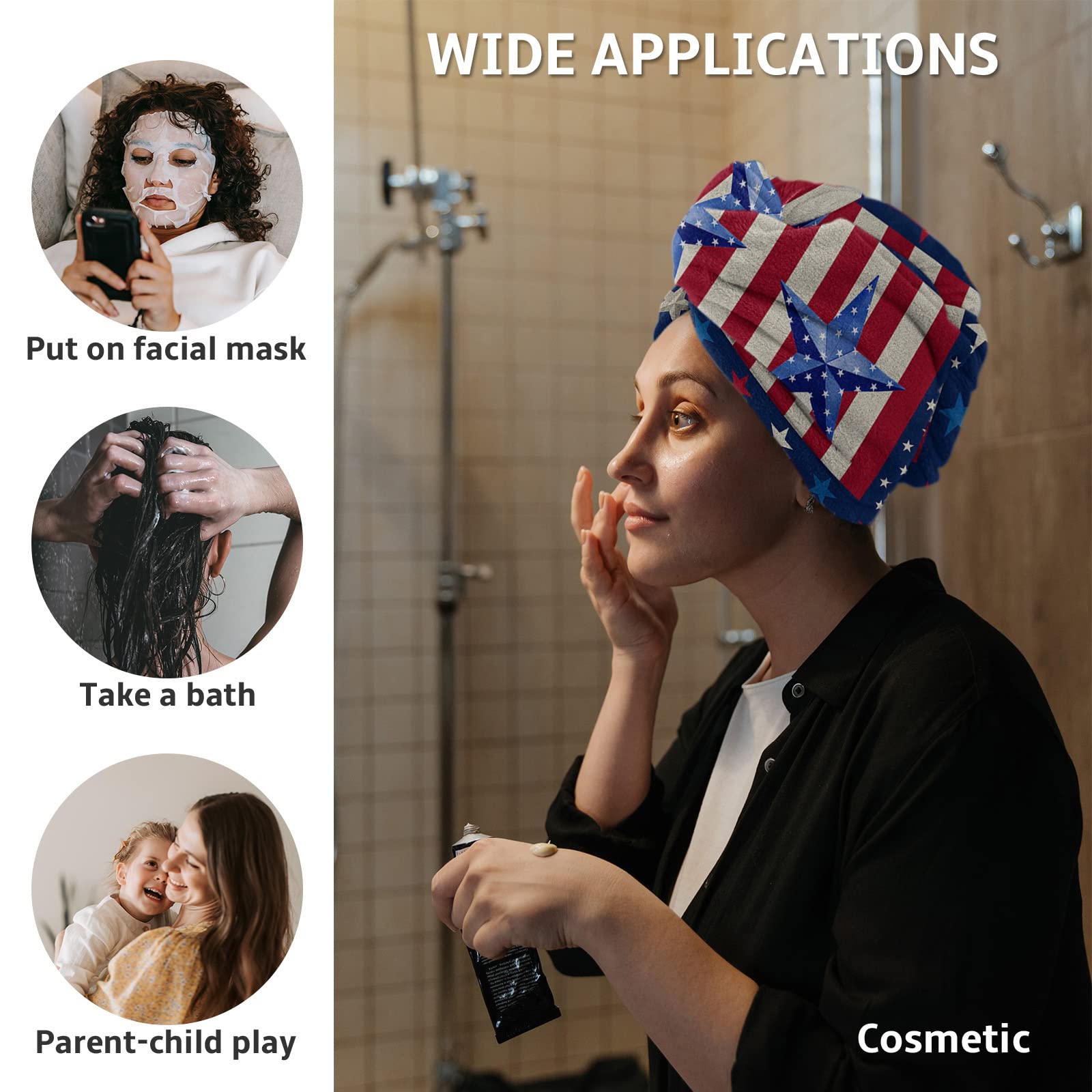LEOSUCRE Microfiber Hair Towel Wrap Ultra Absorbent Hair Cap, American Flag Hair Towel with Buttons Hair Drying Towel Turban Bath Hair Wrap for Woman 26x10in Star Tiled Stripes Backdrop