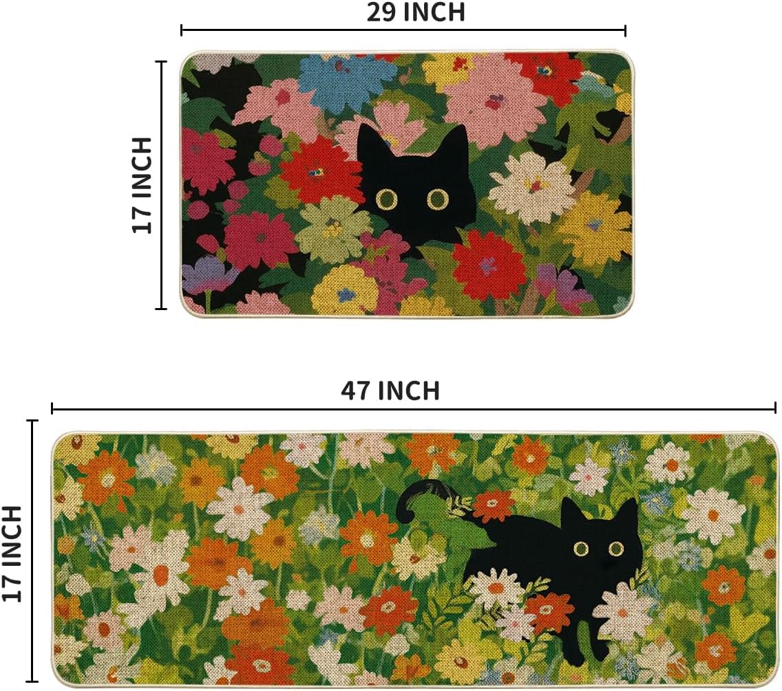 Artoid Mode Flowers Floral Black Cute Cat Spring Kitchen Mats Set of 2, Home Decor Low-Profile Kitchen Rugs for Floor - 17x29 and 17x47 Inch