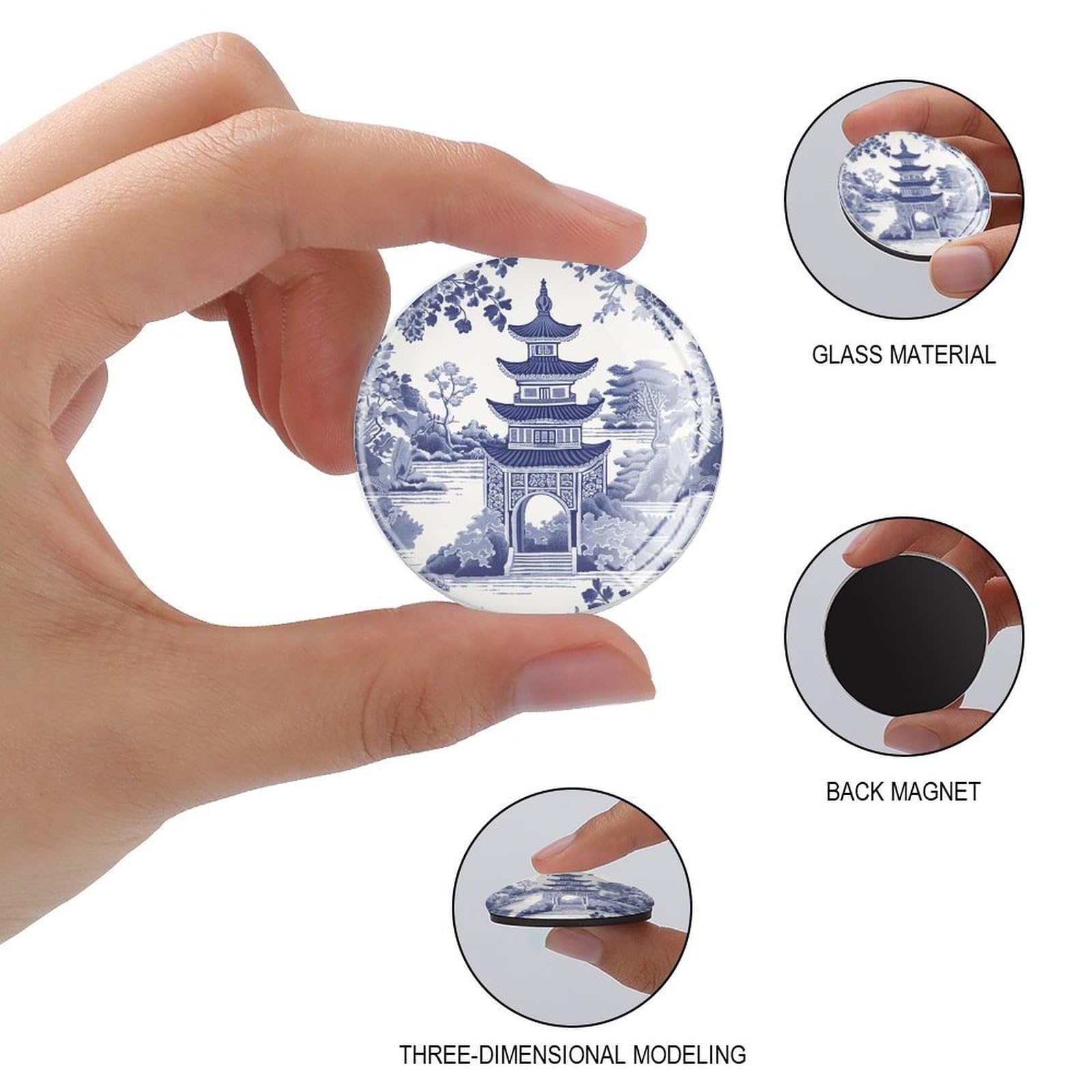 Chinoiserie blaue asiatische Glas-Kühlschrankmagnete, ethnischer Stil, kleine Whiteboard-Magnete, traditionell, niedlich, klein, klein, für Küche, Whiteboard, dekorativ, 4 Stück