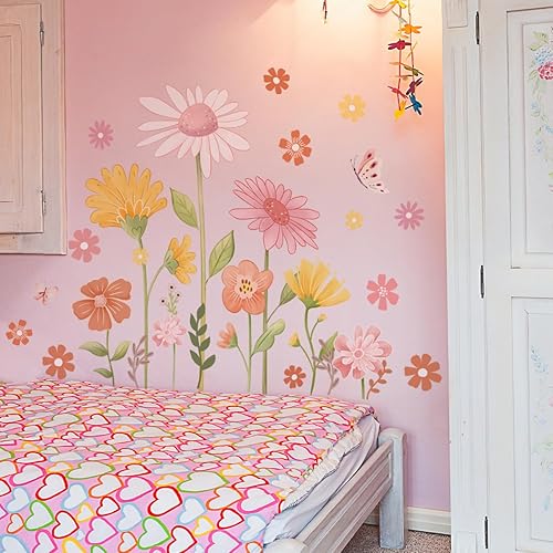 Miniatura 3 de Calcomanías de pared de flores bohemias, calcomanías de pared de margaritas y mariposas, PVC impermeable, autoadhesivas, arte floral, retro, se
