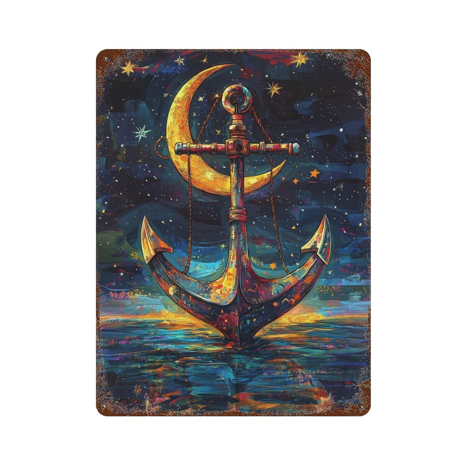Decorative Tin Sign with Magical Moonlit Anchor Painting Design 15.7"x11.8", for Farmhouse, Kitchen And Entryway Decor, Old School Wall Decor