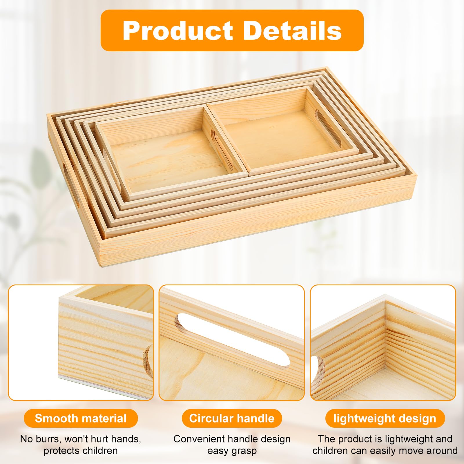 Bandejas de madera para servir con asa, 7 piezas de madera sin terminar anidadas para servir alimentos para manualidades, niños, aperitivos Montessori, decoración del hogar, cocina, fiesta, cena