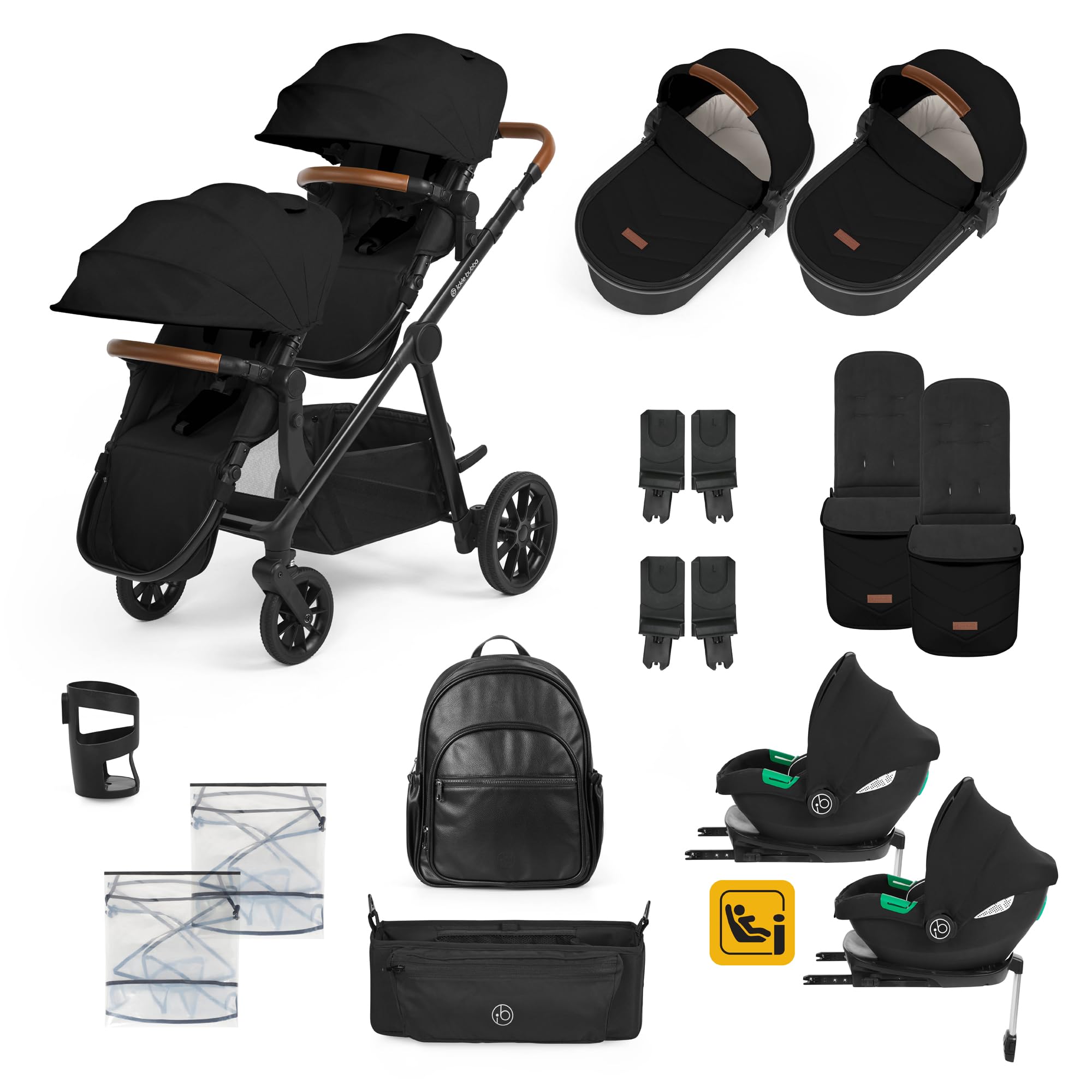 Système de voyage Ickle Bubba Virgo Twin 18 pièces avec sièges auto i-Size Cirrus et base ISOFIX, adapté de la naissance à 15 mois – poussette tandem et accessoires (Noir)
