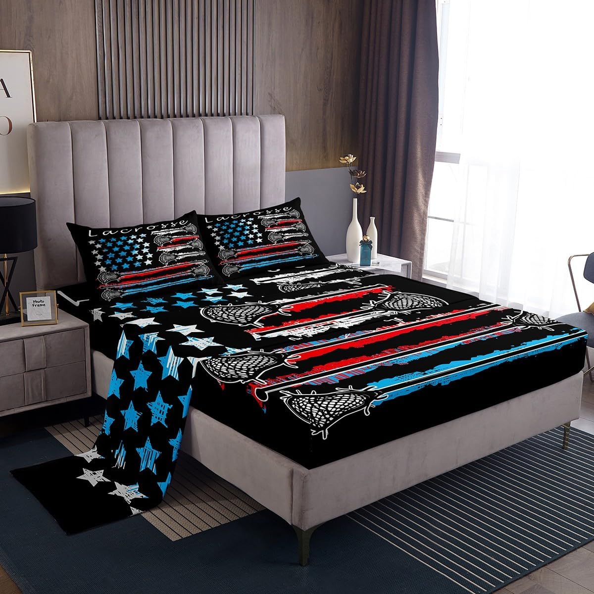 Feelyou Lacrosse Sheets Set Kids Ball Game Sports Theme Bed Sheet Set Boys Girls Lacrosse Lover Decor Bedding Set Microfiber Bed Set with Deep Pocket Fitted Sheet Bedroom Queen Size