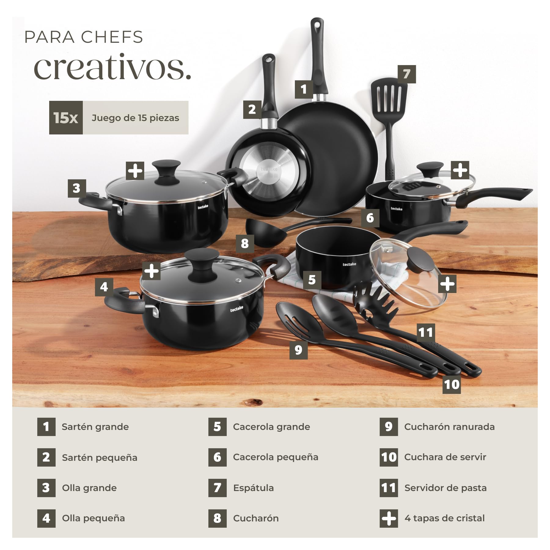 tectake® batería de cocina 15 piezas, sartenes, cacerolas de aluminio, tapa de vidrio, mangos resistentes al calor, utensilios cocina, ollas cocina, sartenes antiadherentes - 15 Piezas