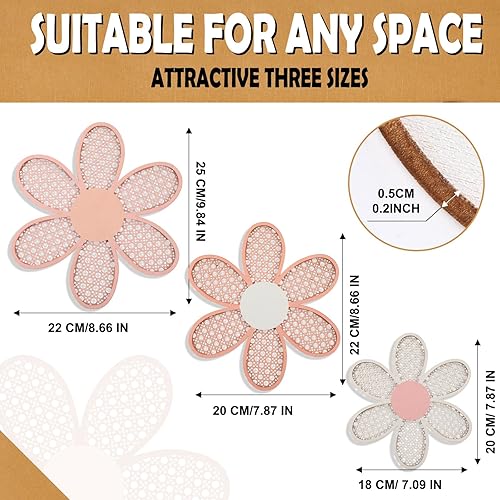 Miniatura 2 de Maitys Decoración de pared de margaritas bohemias de 3 piezas, flores de ratán natural, arte para colgar en la pared, arte bohemio de madera,