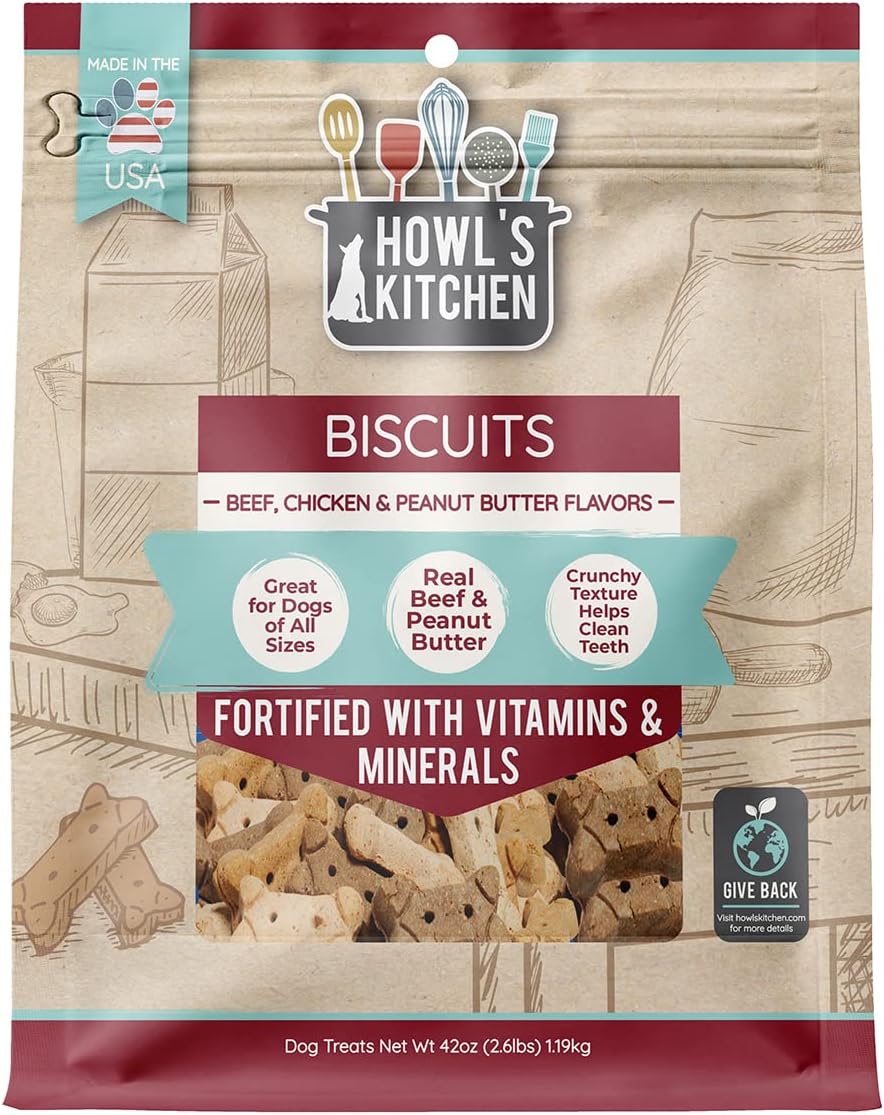 Howl's Kitchen Biscuits, 12 oz Bag, 1 Count, Peanut Butter Flavor, Hip and Joint Formula, Rawhide Free, Soft and Chewy Dog Treats, 500mg of Glucosamine for Dogs, For Active and Senior Dogs (Pack of 2)