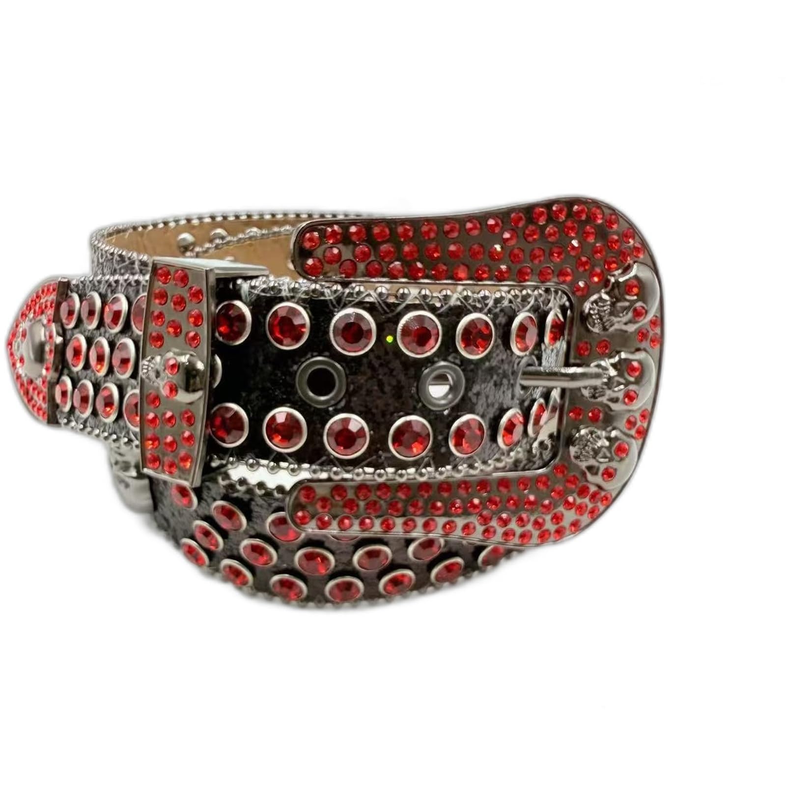 AGUTALITHIC Rhinestones Studded Belt Sparkly Sequin Shine Engraved Skull Head Western Leather Strap with Crystal Prong Buckle(110cm/43, Red)