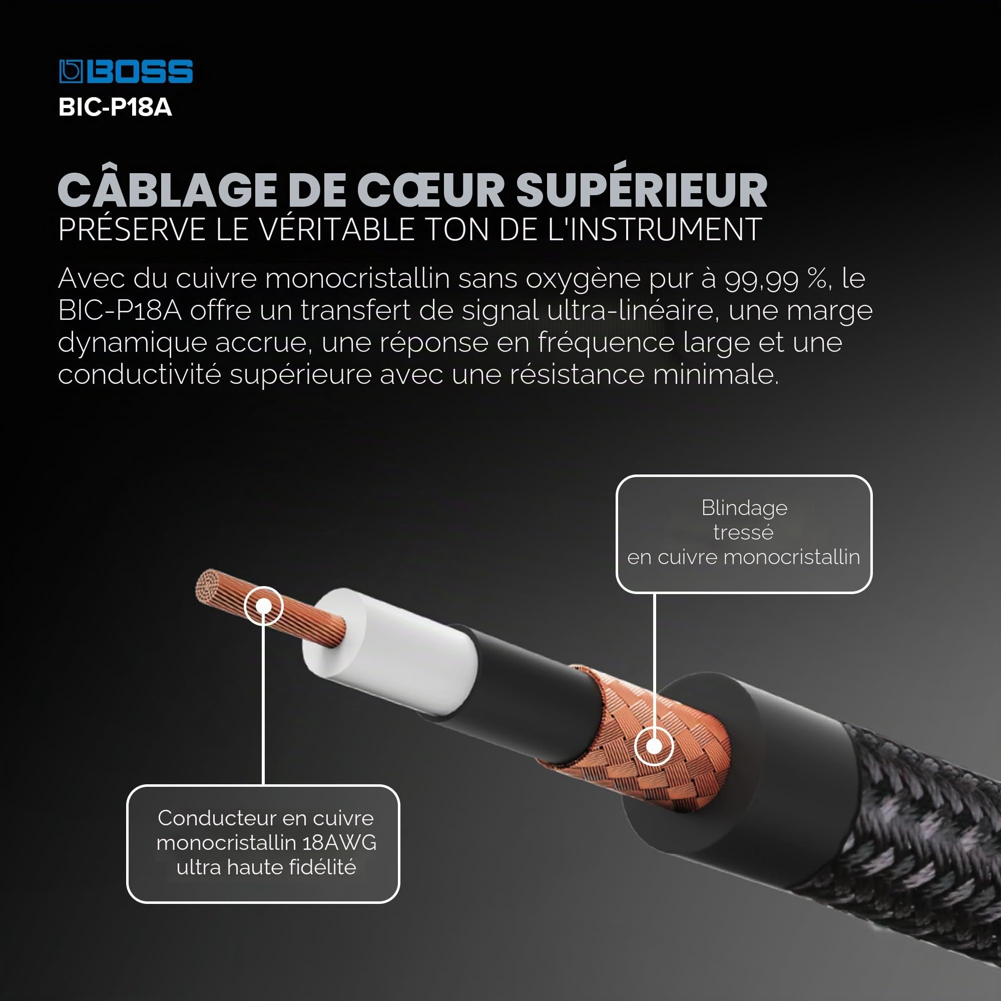 Câble d'instrument ultra haute fidélité GAMME BIC-P18A – 18ft / 5.5m – Connecteurs jack 1/4 de pouce droit à coudé plaqués or 24 carats – Pour guitare et basse, pour un son de qualité supérieure