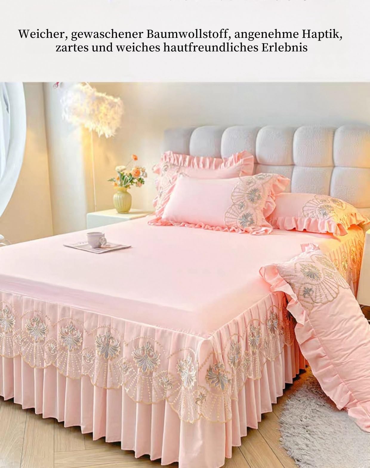 Bettrock Mit Rüschen Einfarbig Bestickt Bed Skirt Umwickeln Betthusse Polyesterfaser Weich rutschfest durch elastisches Band Maschinenwaschbar für 43cm Hohes Bett(D,150cm*200cm)