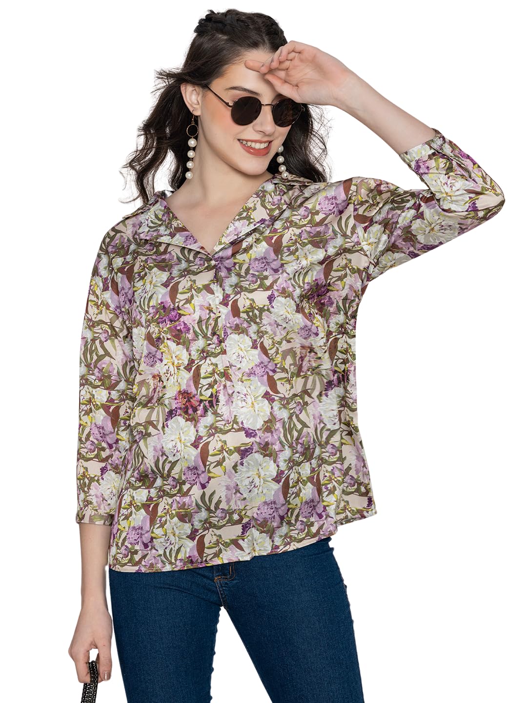 lounge dreams Purple Floral Printed Collar Shirt Women's Top-picture-21