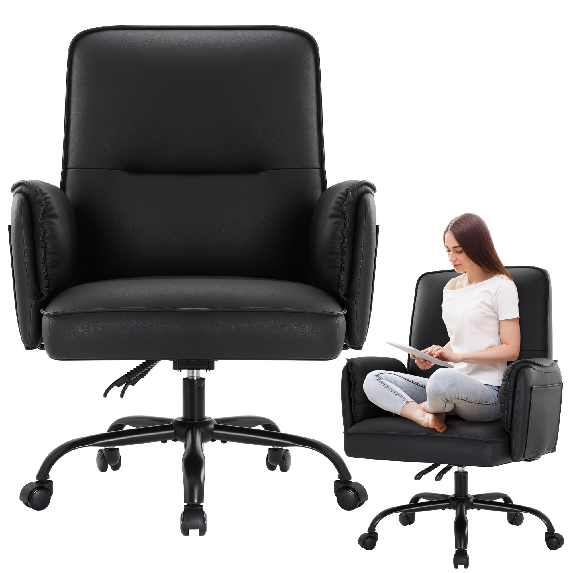 IWMH Bürostuhl,PU Leder Schreibtischstuhl, 90-135° Reclining Drehstul | Breiten Sitz Chefsessel mit Rollen,Schminktisch Stuhl Höhenverstellbarer mit Armlehne für Büro,Homeoffice(Braun)