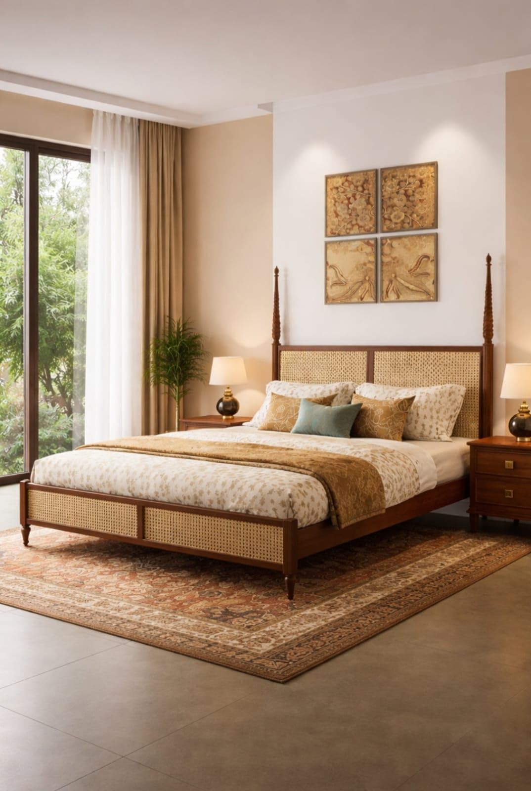 JANGHU FURNITUREWALA Wooden/Rattan/Cane/Poster King Size Bed Without Storage -Sheesham Wood -King Cot -Palang -Bed Stylish Bedroom Furniture/Hotel Furniture (Bella Ciao, Honey Finish) Rattan/Cane Bed-image-1