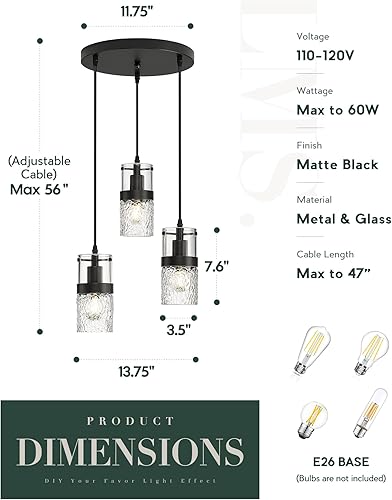 Miniatura 5 de LMS Accesorios colgantes negros de 3 luces, lámpara colgante de cocina ajustable, luces colgantes de racimo, LMS-188