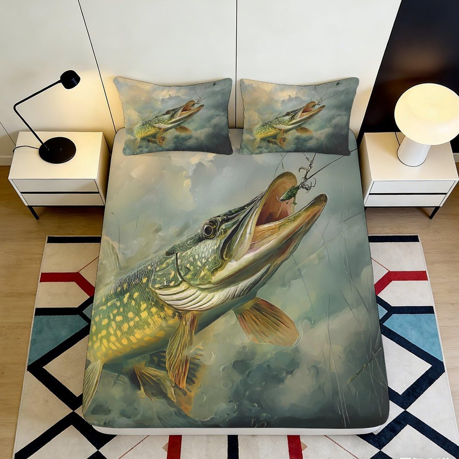 3D Printed Lively Pike Fish Fitted Sheet Microfiber Soft Waterproof Lake Scene Mattress Cover Bedroom Decor 90x200x25cm