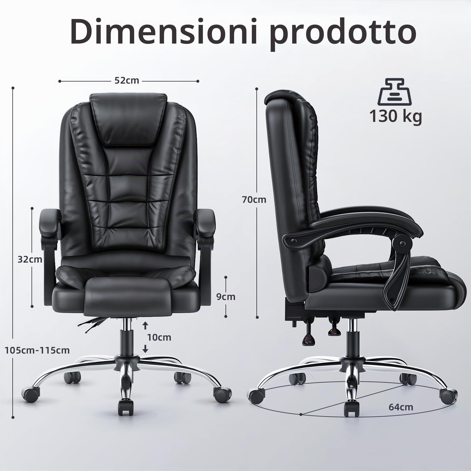 naspaluro Sedia da Ufficio Ergonomica, Poltrona Direzionale con Sedile Largo, Sedia Ufficio Reclinabile con Braccioli Imbottiti et Altezza Regolabile (Nero Intenso, Senza Poggiapiedi)