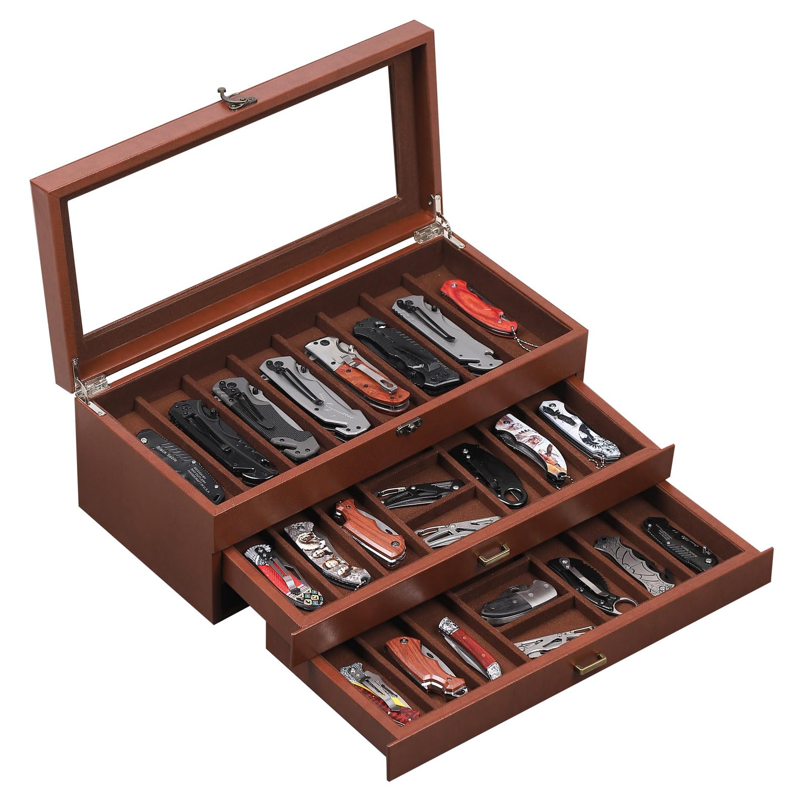 Photo 1 of AUTOARK 3-Tier PU Leather & Velvet Knife Organizer with 26 Slots,Transparent Glass Top & Drawer,Compact Storage for Pocket Knives,Ideal for Men's Collections & Gifts,Coffee,MKAW013