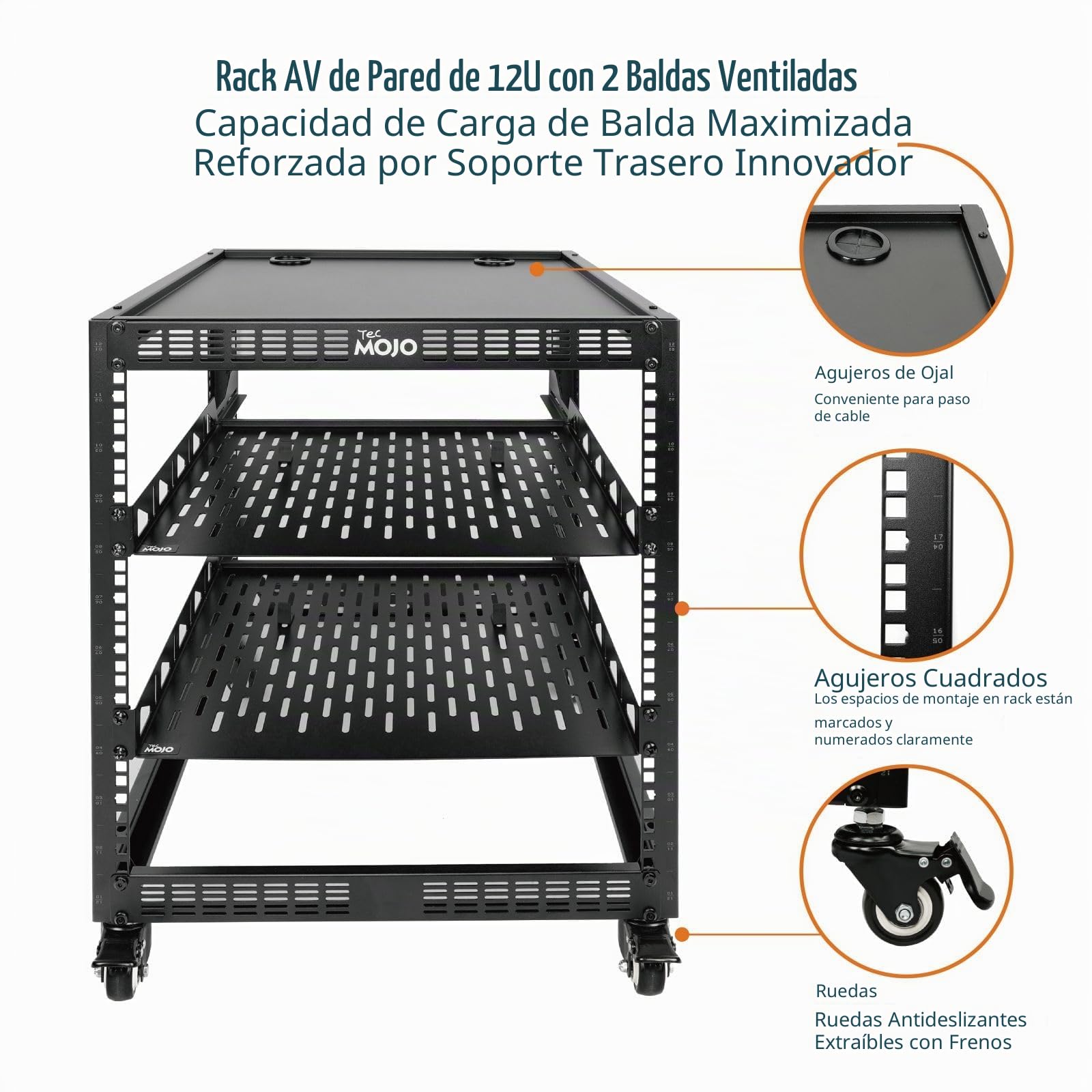 Tecmojo Estante de red de marco abierto de 12U, compatible con 19 pulgadas, de pie y montaje en pared, con 2 estantes de servidor de 1U y accesorios de montaje, estante de equipo AV y TI para oficina