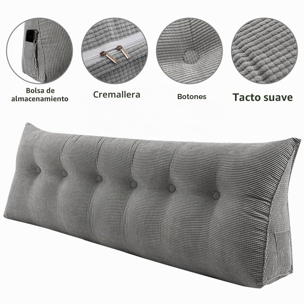 Cousín de Lectura para Cama o Sofá Triangular Cousín de Respaldo para Sofá Cousín de Cabecera para Bebé Funda Desmontable Rellenada para Mayor Confort - 180 * 50 * 20 cm - Un Gris