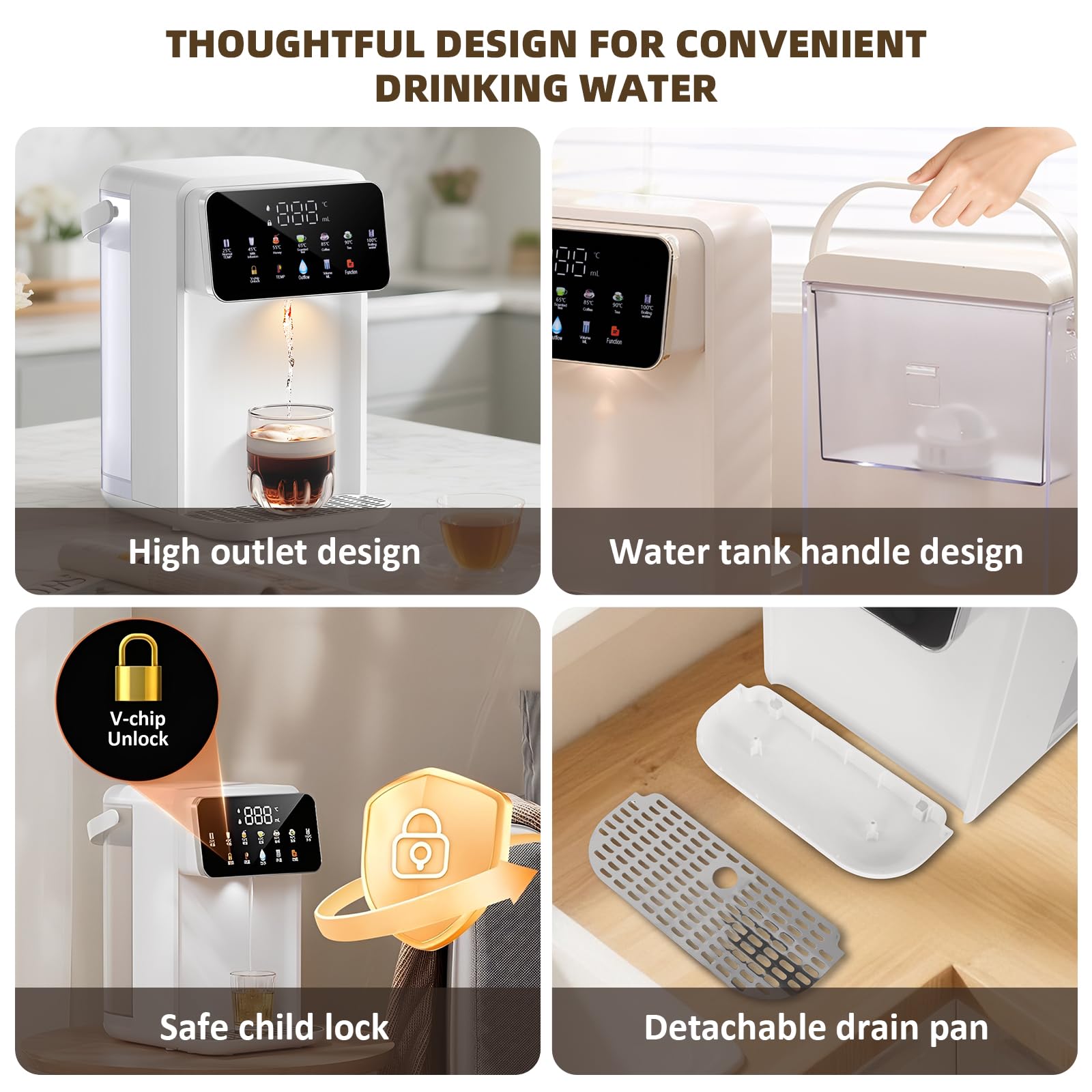 Distributeur d'eau chaude 2000W, Chauffage Rapide, 7 Réglages de Température, 8 Réglages de Volume, Écran Tactile, 3L pour cuisine bureau