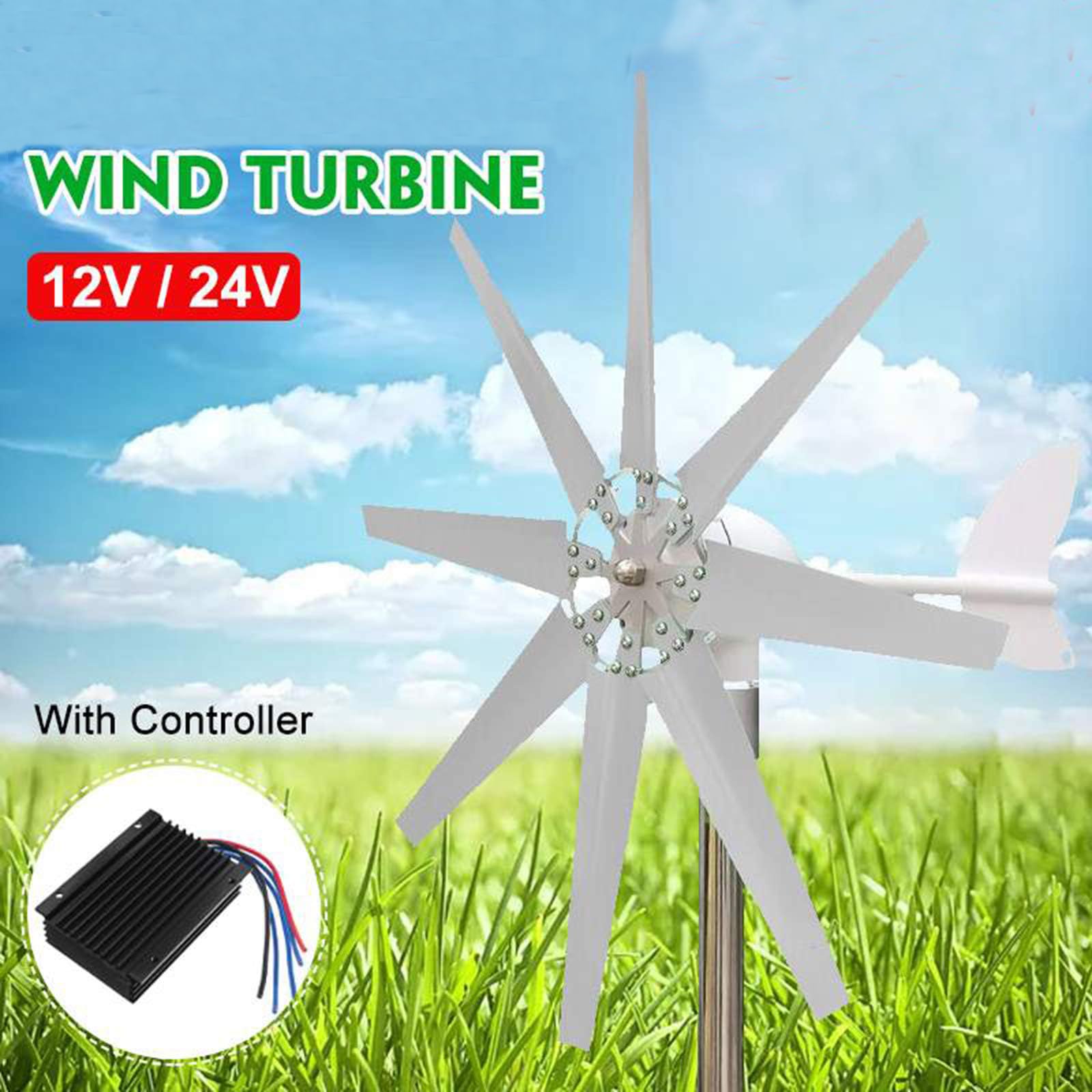 Generatore di Vento da 12 V 24V 48V con Controller MPPT 1000W-3000W 8 Lame Generatore di Vento a Basso Rumore Orizzontale per Il Tetto del Tetto del Cantiere per la casa