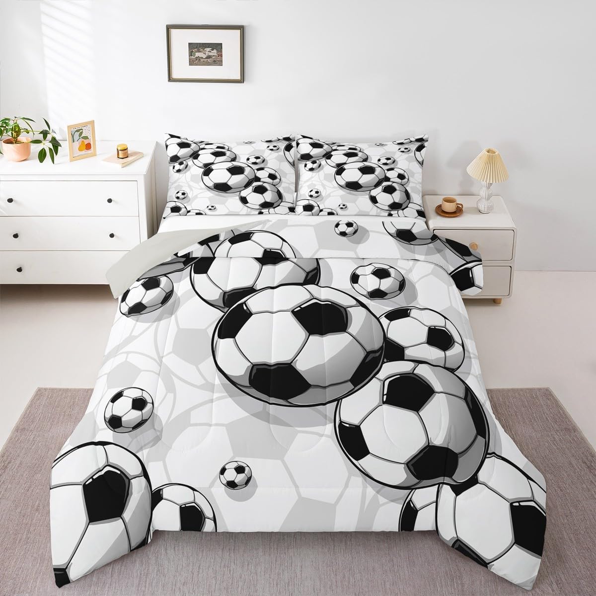 Erosebridal Boys Soccer Bedding Sets Football Down Comforter Sports Gaming Comforter Set for Kids Girls Soccer Hand Draw Quilt Set with 1 Comforter and 2 Pillow Cases Full Size Black White image 5