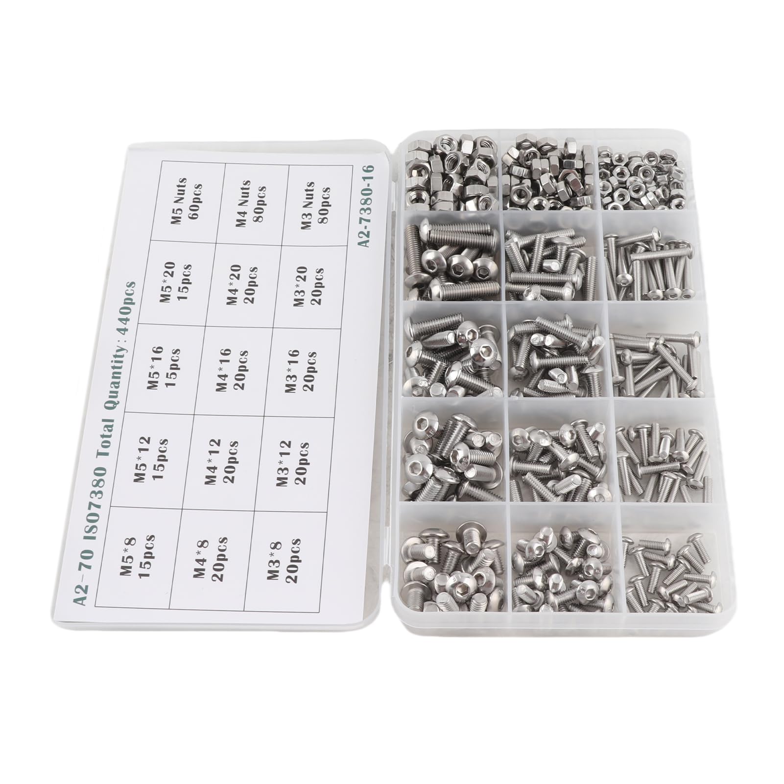 440-teiliges Muttern-Bolzen-Schrauben-Set aus Edelstahl, Sortiment M3, M4, M5, tragbares Hardware-Set für Maschinen, Möbel, Autoreparatur, langlebig, 304 Edelstahl, verschiedene