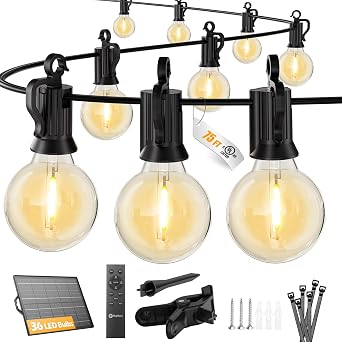 Brightown 75FT 36LED Solar String Lights Outdoor with Remote & USB Port | Shatterproof Bulbs, Dimmable & Timable, 3 Modes, Solar Patio Lights with a Mount Clip for Camping Backyard Garden Decor