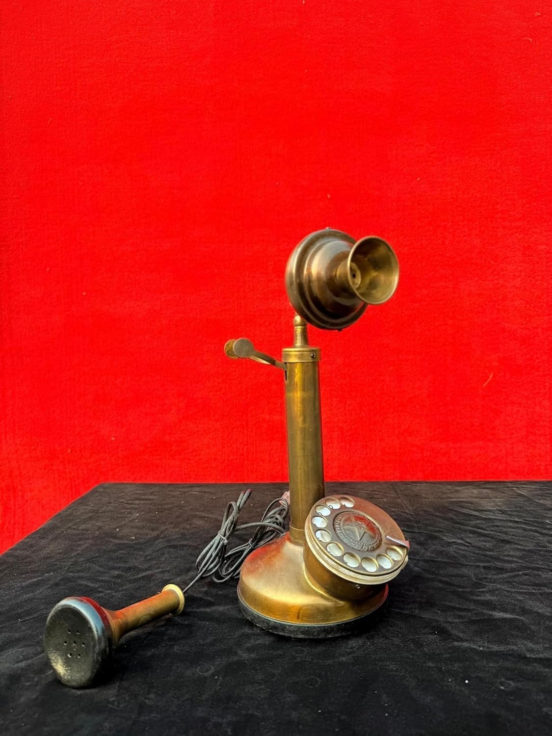 Vintage Candlestick Telephone, Brass and Black Powder Coated, 14 Inch Tall, Rotary Dial, 1920s Style Decorative Home Accent (Brown Finish)