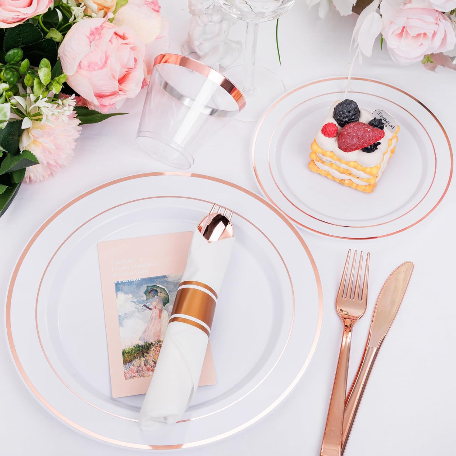 DaYammi 350PCS Rose Gold Plastic Dinnerware Set for 50 Guests, Plastic Plates for Party Include: 50 Dinner Plates, 50 Dessert plates,50 Pre Rolled Napkins with Rose Gold Silverware,50 Cups for Wedding