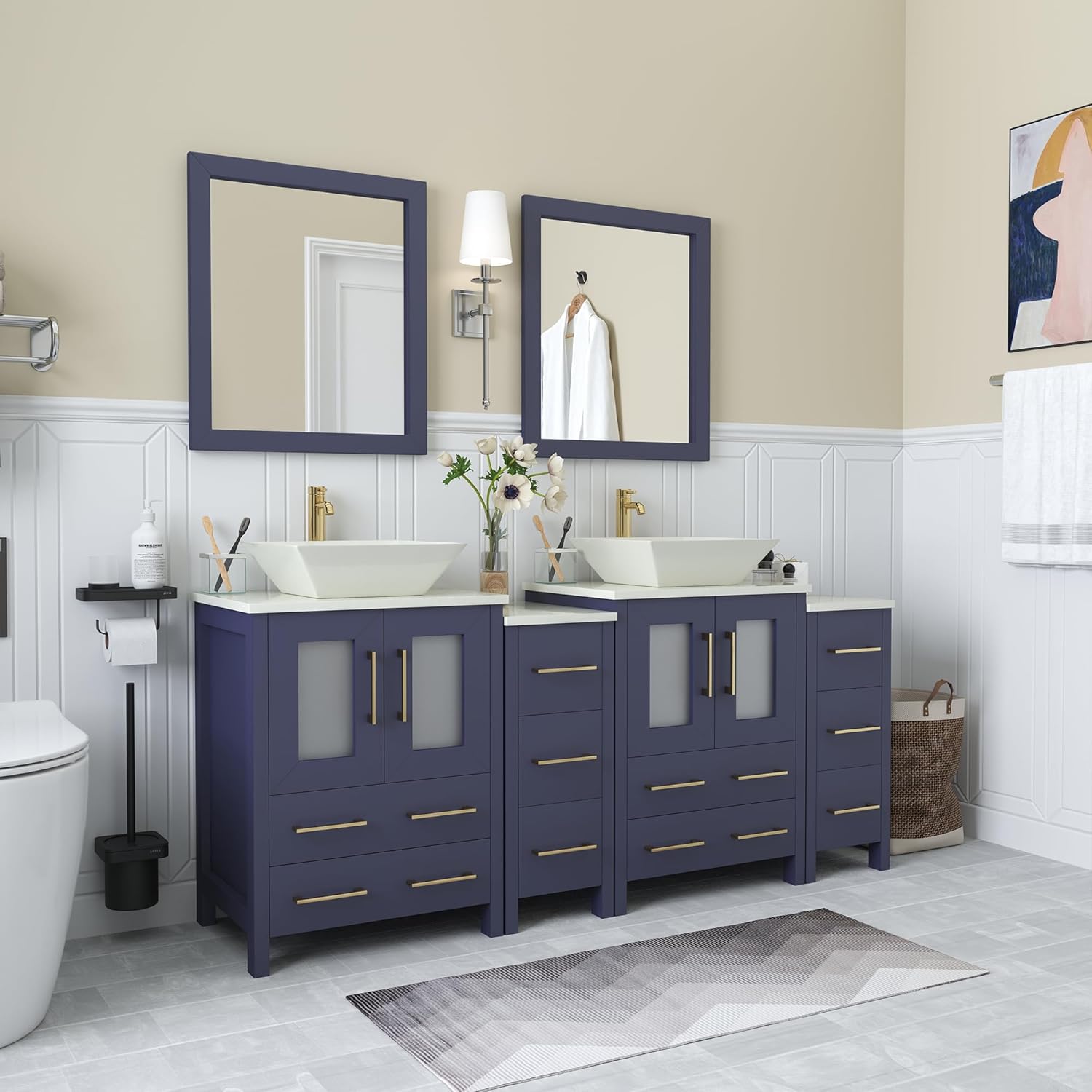 Vanity Art 72 Inch Vessel Double Sink Bathroom Vanity Cabinet with 2 Mirrors, Engineered Marble Top Bathroom Cabinet Compact Set with 10 Dovetail Drawers and Soft Closing Doors, VA3124-72B