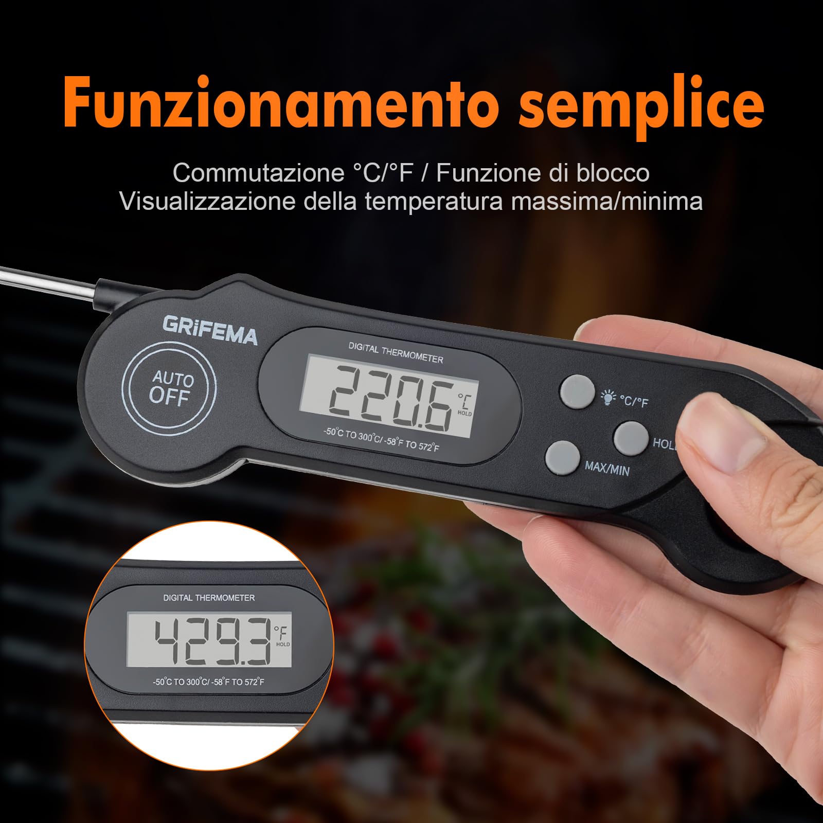 GRIFEMA GA2801 Termometro da Cucina Pieghevole Digitale per Alimenti Nero