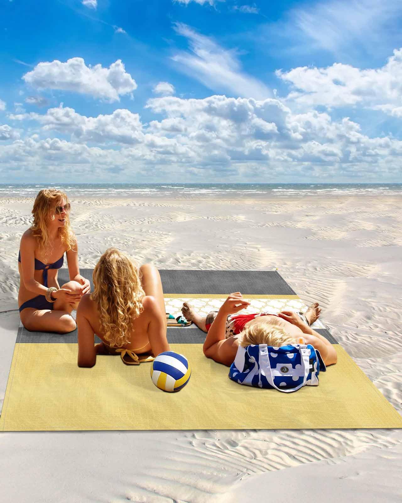 Yellow Morocco Beach Blanket Large with Stakes Waterproof Sandproof, Geometric Grey Stripes Modern Foldable Beach Mat with Corner Pockets for Outdoor Travel Camping Hiking Picnic Essentials 83