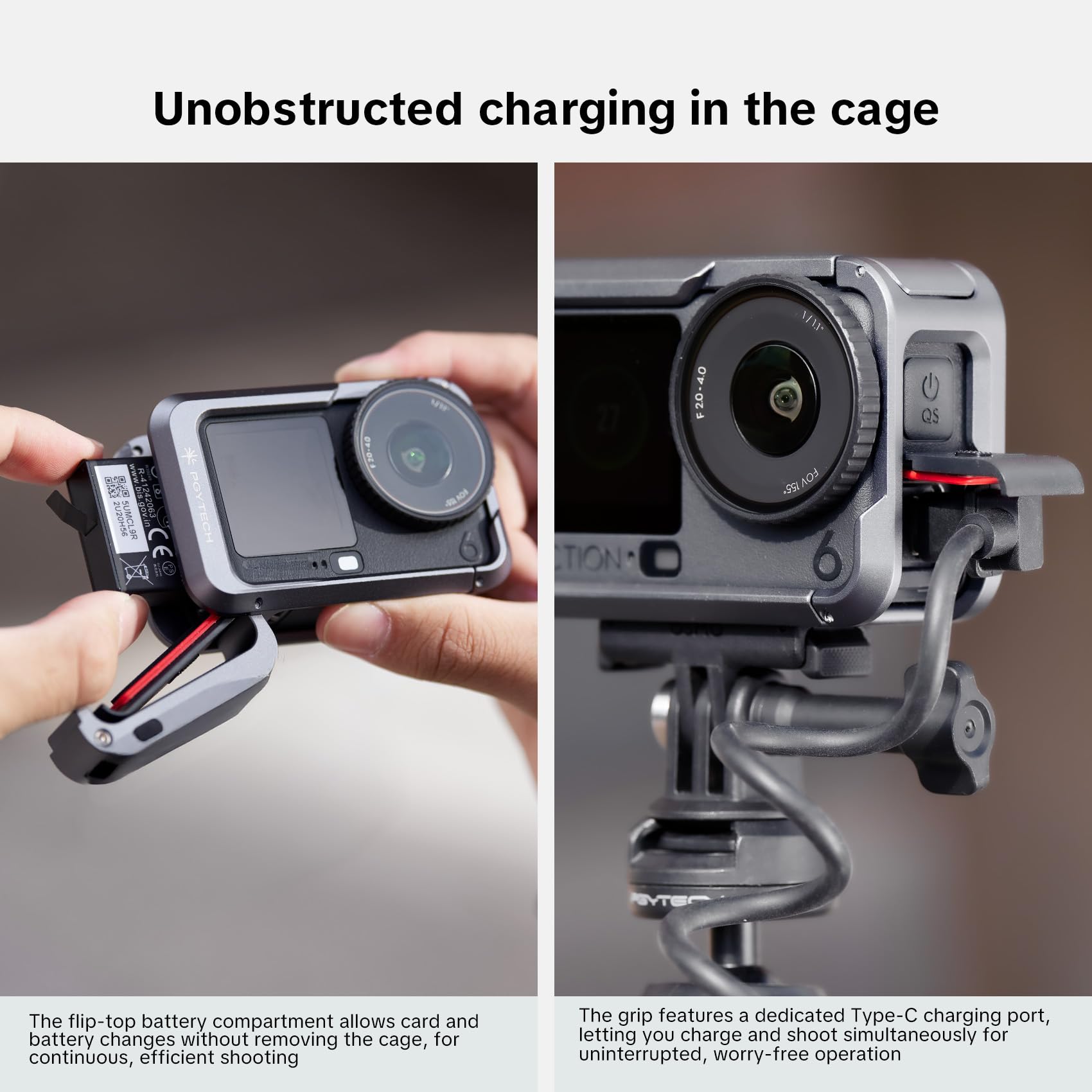 PGYTECH Caméra Cage pour DJI OSMO Action 6 Boîtier Alliage Aluminium Cadre de Protection avec Connecteur Magnétique à libération Rapide, Filetage Trou 1/4 Pouce pour Accessoires Lumière/Microphone