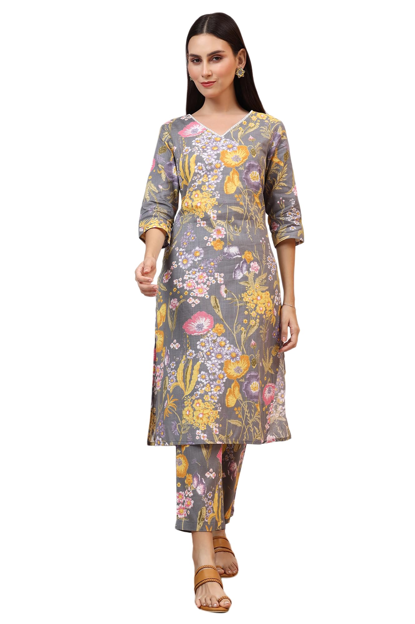 w for woman Orange Abstract Printed Tiered Spaghetti Kurta and Leggings Set with Dupatta-picture-12