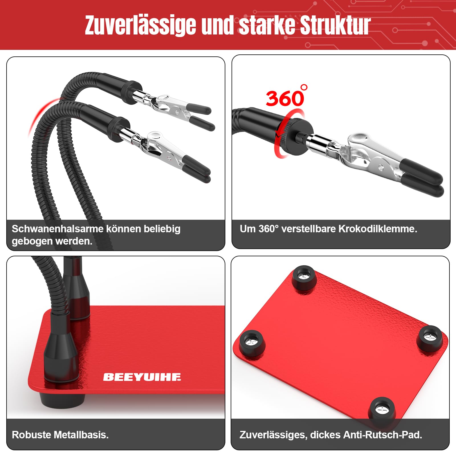 Löthilfe Lötstation mit 4 flexiblen Schwanenhals Armen und Krokodilklemmen, Lötende Dritte Hände Für Löt und Bastelarbeiten,Werkzeug Zubehör
