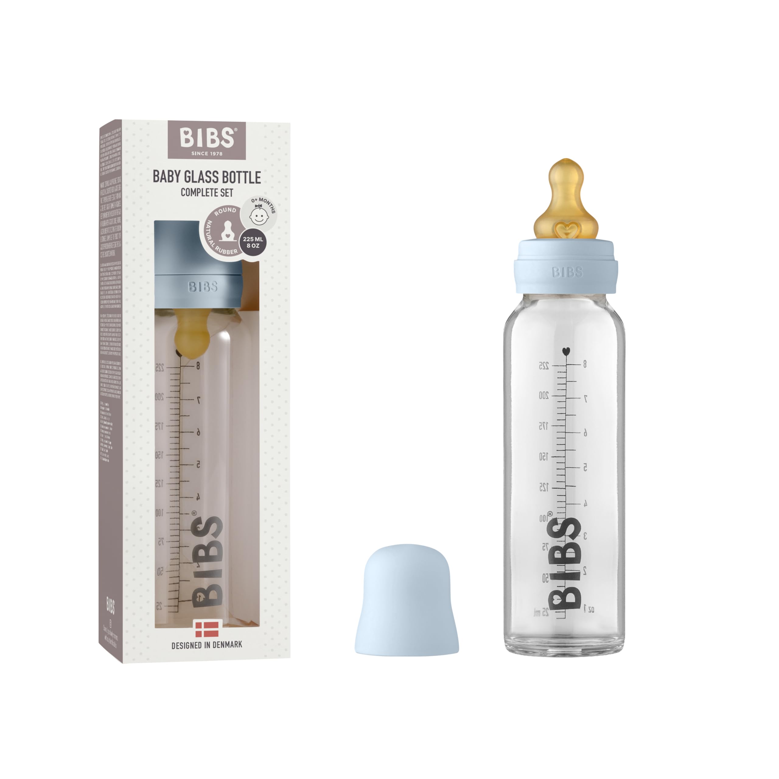 BIBS Baby Glass Bottle, Vermindert Koliken, Runder Sauger aus Naturkautschuklatex, Unterstützt das Stillen. Hergestellt in Dänemark, Complete Set - 225 ml, Baby Blue
