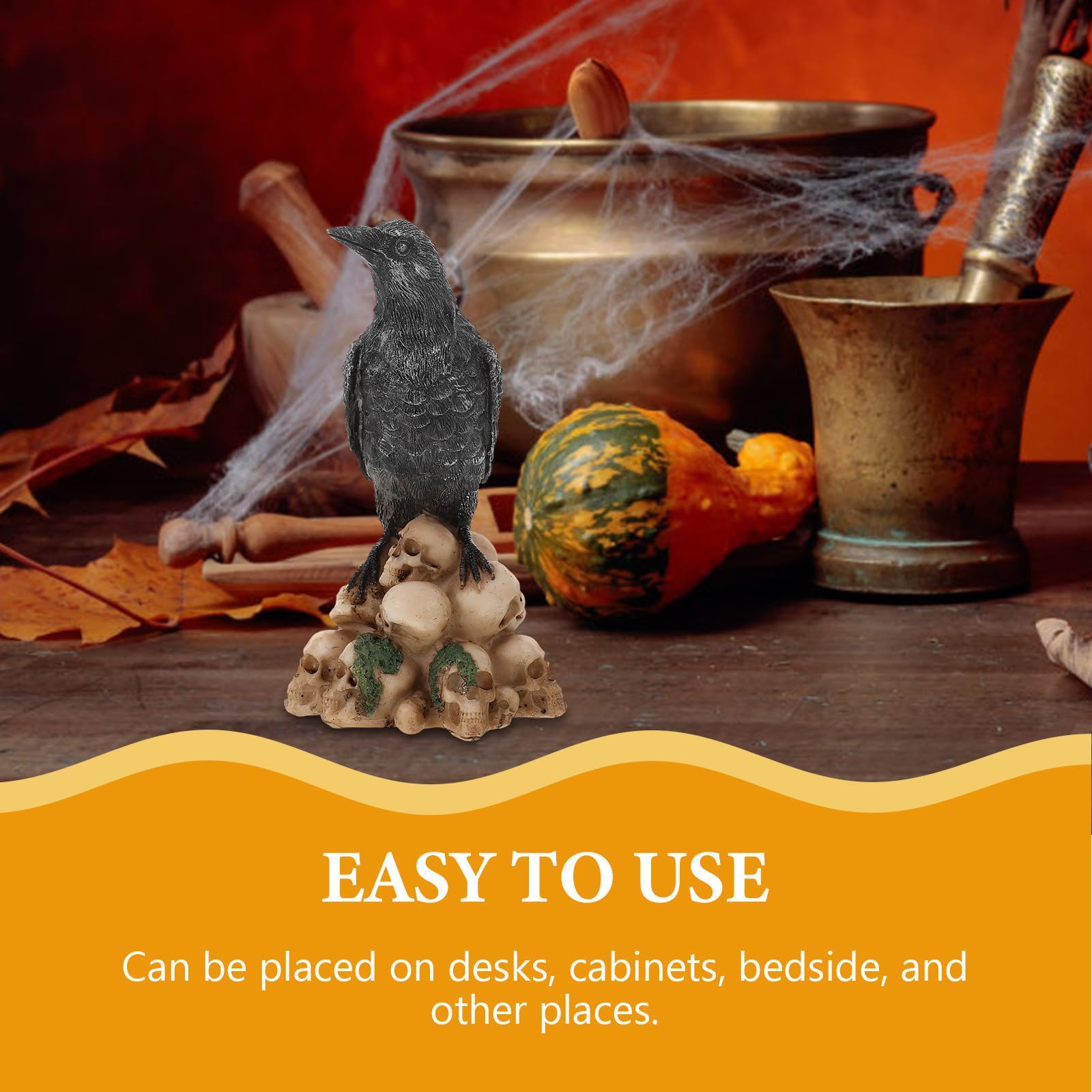 Uonlytech 3 Pezzi Statua Decorativa di Halloween in Resina con Teschio Nero, Gatto e Corvo Realistici, Resistente All’usura, per Decorazioni Tavolo Festa di Halloween