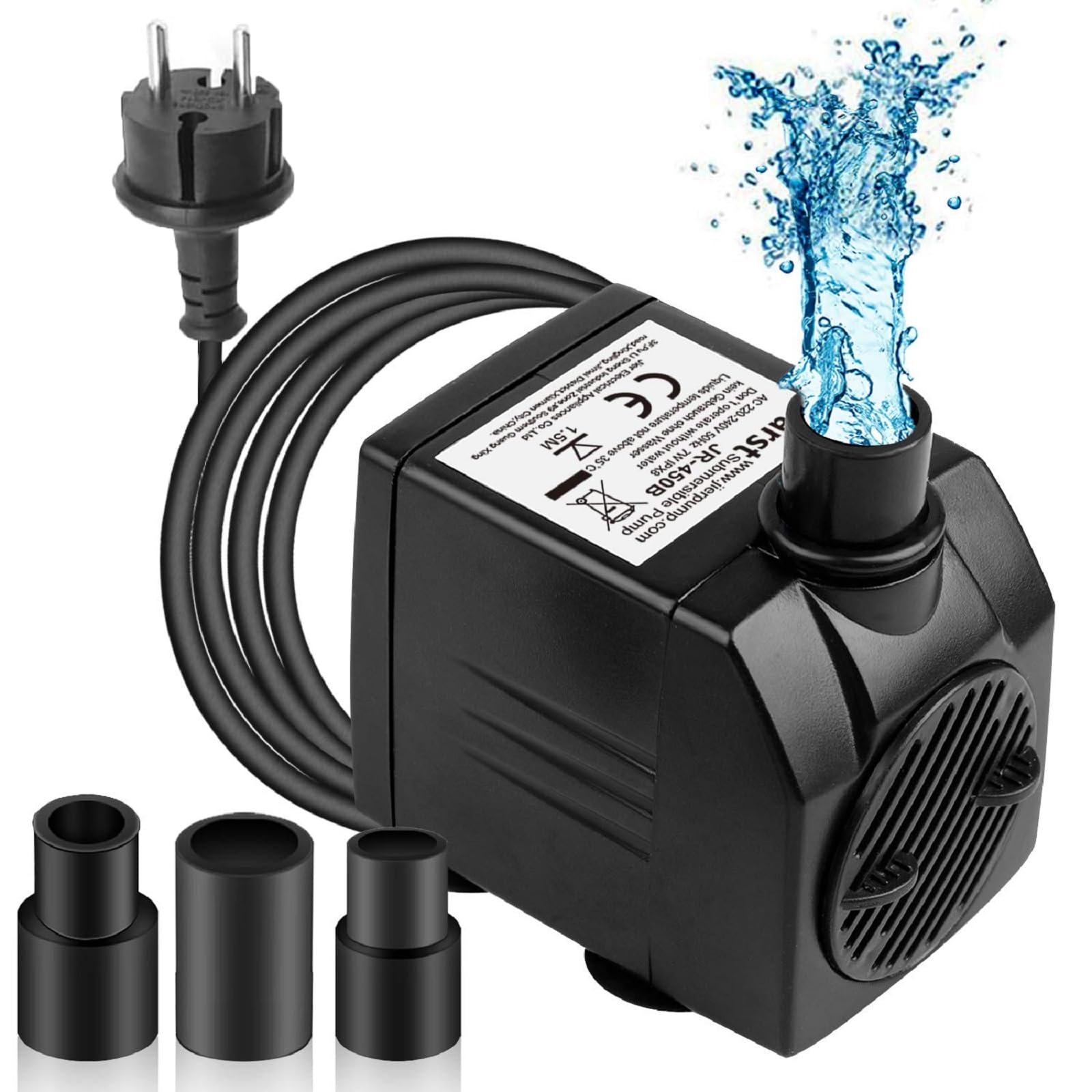 Pompe à Eau Submersible 450L/H avec Cable 1,83m & 3 Nozzles | 7W, Réglable Ultra Silencieux pour Fontaine de Jardin, Piscine, Aquarium, Bassin Poisson, Hydroponique