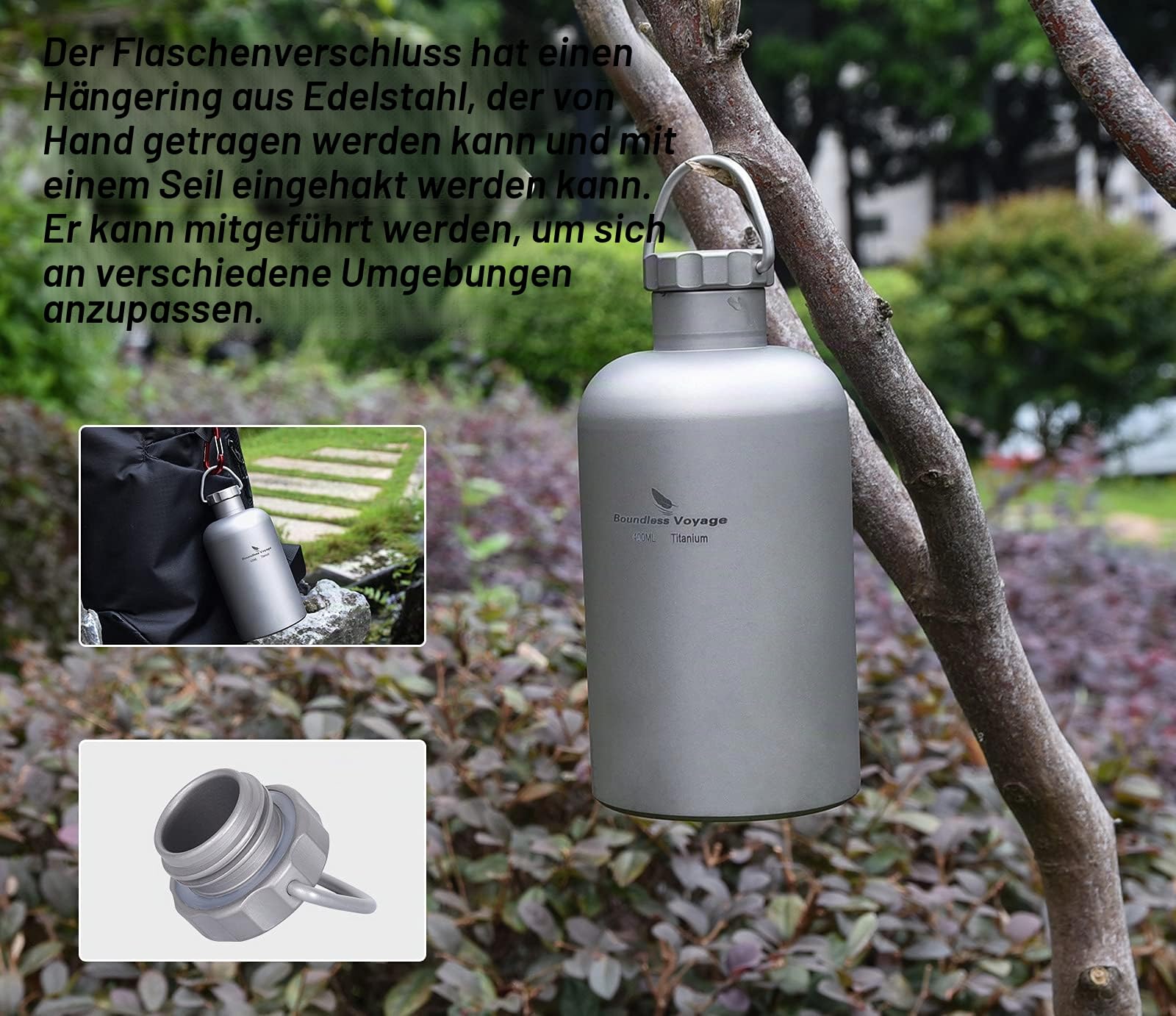 iBasingo 400ml Titanflasche Camping Tragbare Wasserkrug Outdoor Großmund Kantine Sport Trinkflasche mit auslaufsicherem Deckel Water Bottle für Wandern Klettern Laufen Täglich Verwendet Ti3001D