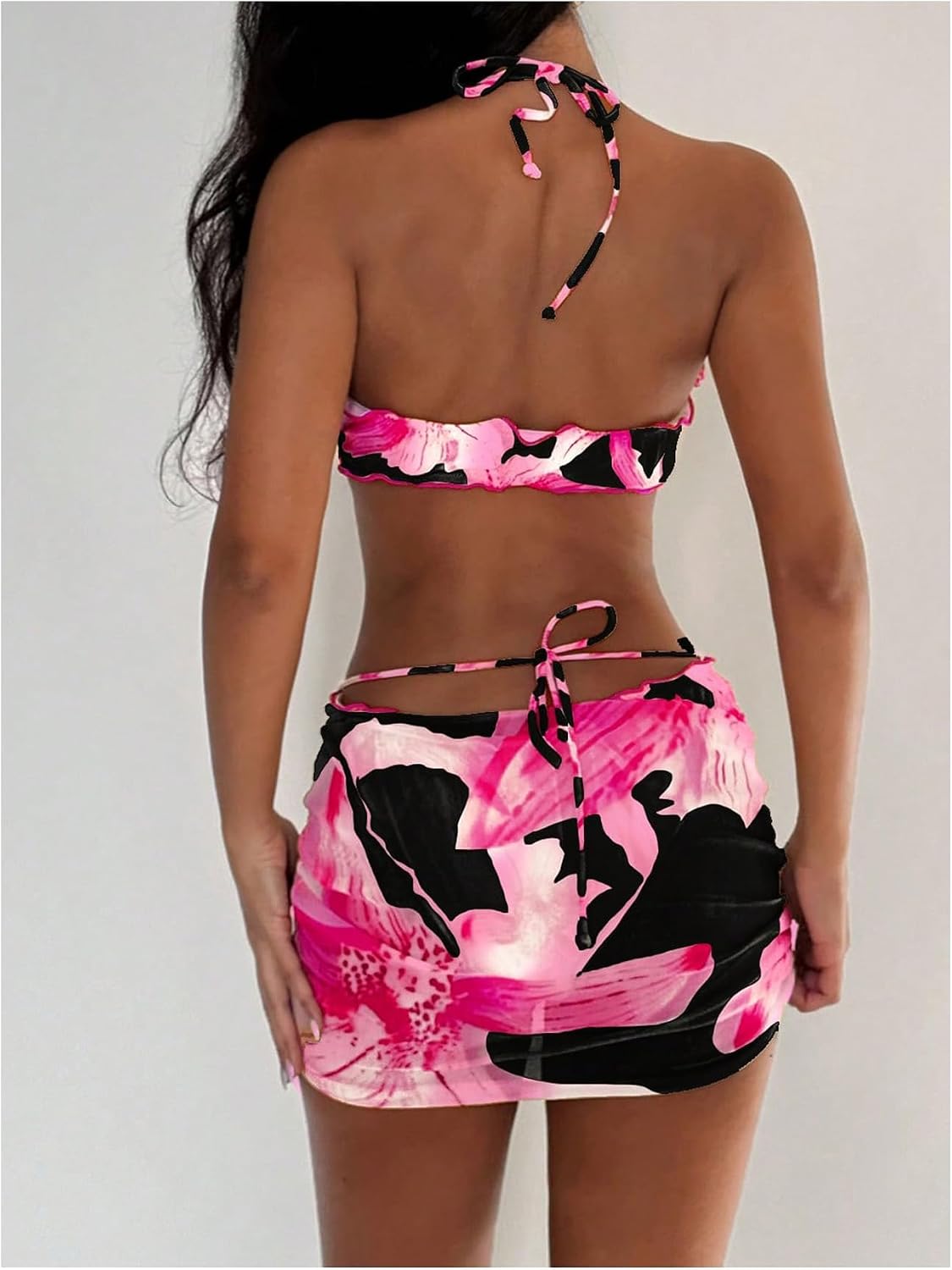 SOLY HUX Women's 3 Piece Swimsuit Floral Halter Bikini Set Beach Vacation Bathing Suit with Drawstring Cover Up Skirt
