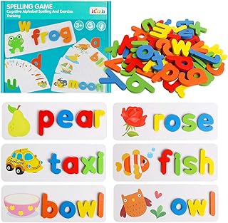 Kizh See Spelling Learning Toy Wooden Educational Developmental Toy Sight Words and Spelling Skills with 28 Double - Sided Cognitive Cards and 52 Letters Great Gift for 4 5 6 Years Girl Boy
