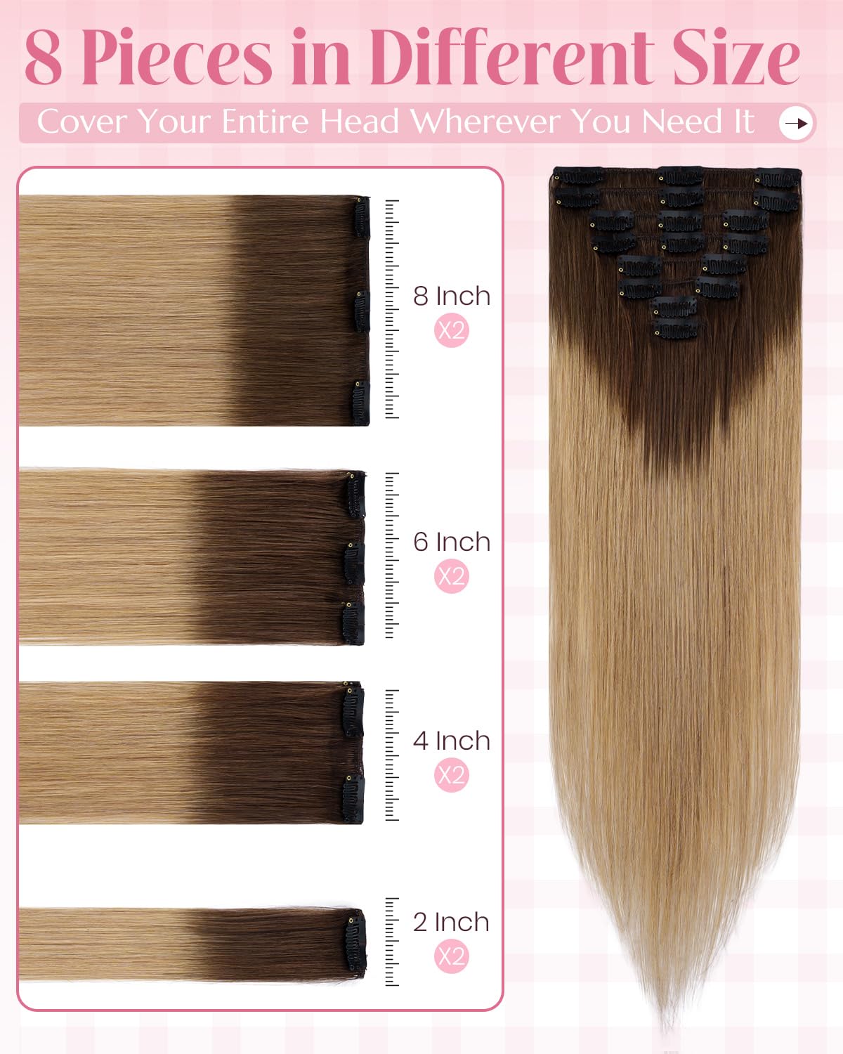 SLEEKALON Real Hair Extensions Clip in Human Hair Remy #4/27 Ombre Medium Brown/Dark Blonde - Image 3