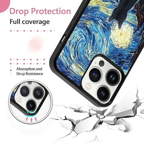Miniatura 6 de Funda negra para iPhone 13 Pro Max de 6.7 pulgadas, diseño de bonito gato de Van Gogh, diseño antideslizante y absorción de impactos, marco de gel