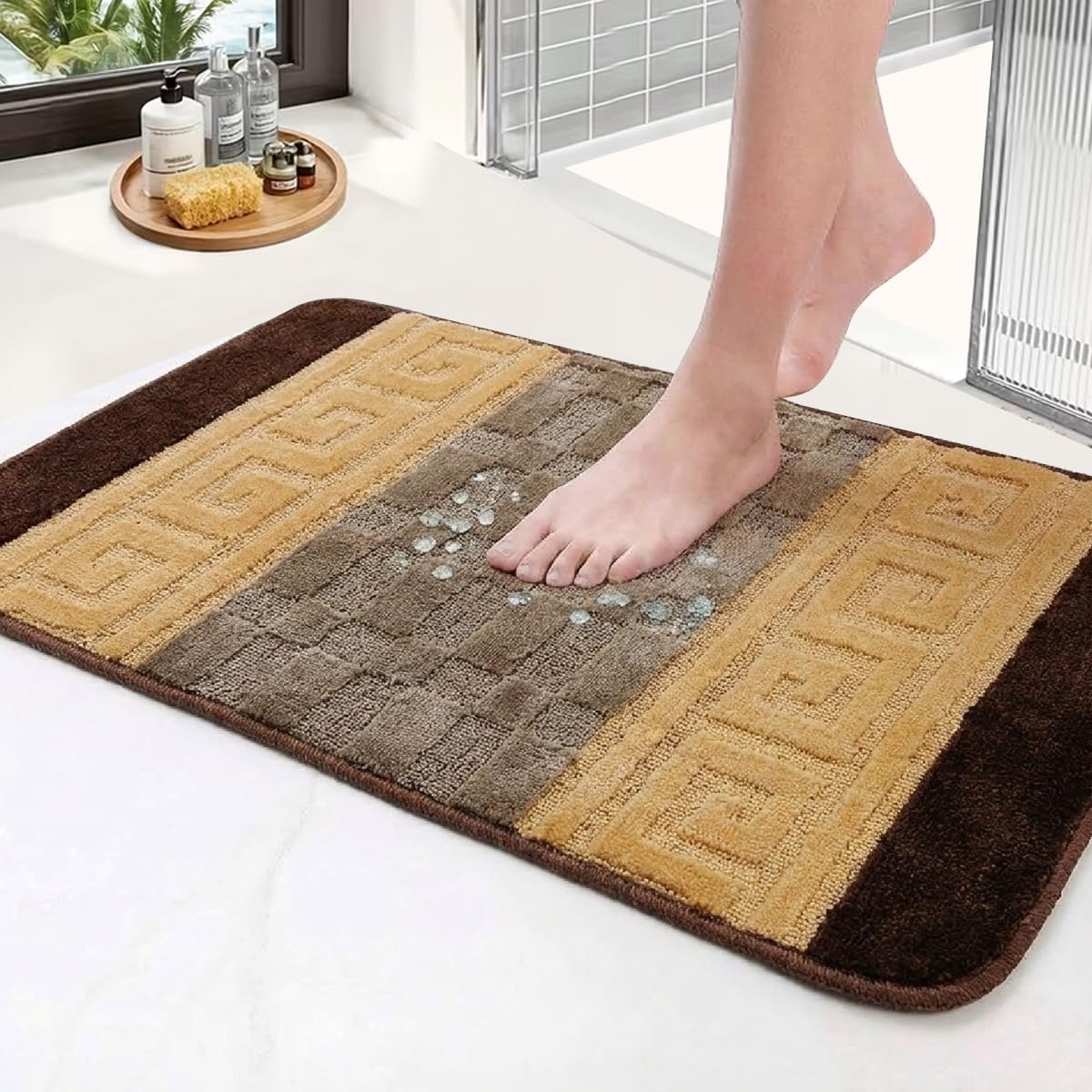PHP Anti Slip Washable Large Door Mat, 60 x 110 cm Heavy Duty Waterproof Indoor Door Mat, Non Slip Carpet Rug for Home, Kitchen and Bedroom Decor - Brown Beige
