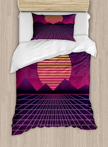 Miniatura 21 de Ambesonne Synthwave Duvet Cover Set, Retro Futurism Inspired Illustration Artwork with Sun and Palms, Decorative 3 Piece Bedding Set with 2 Pillow