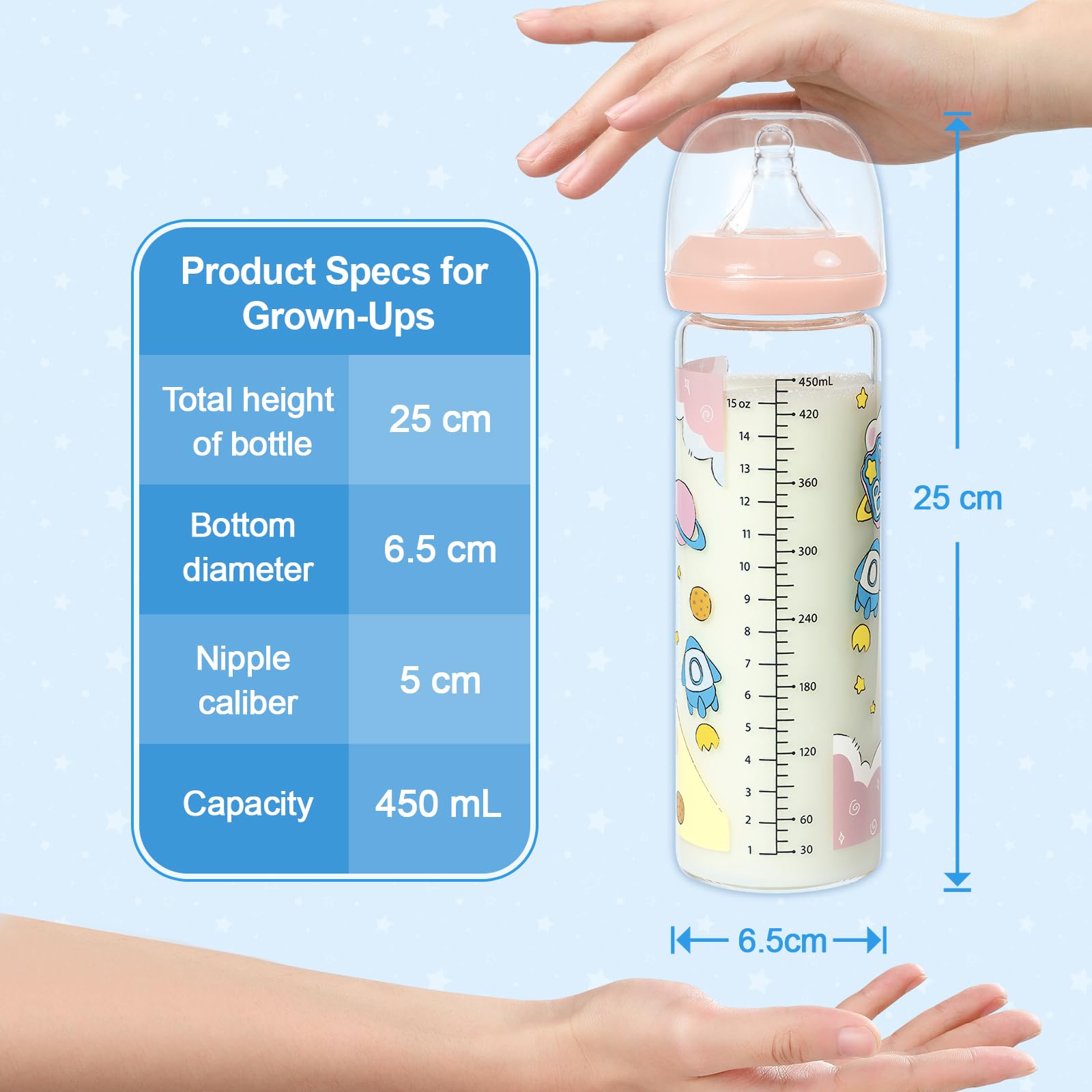 LittleForBig Biberon adulte ultra imprimé spécialité surdimensionnée en verre avec motif astronomique bébé