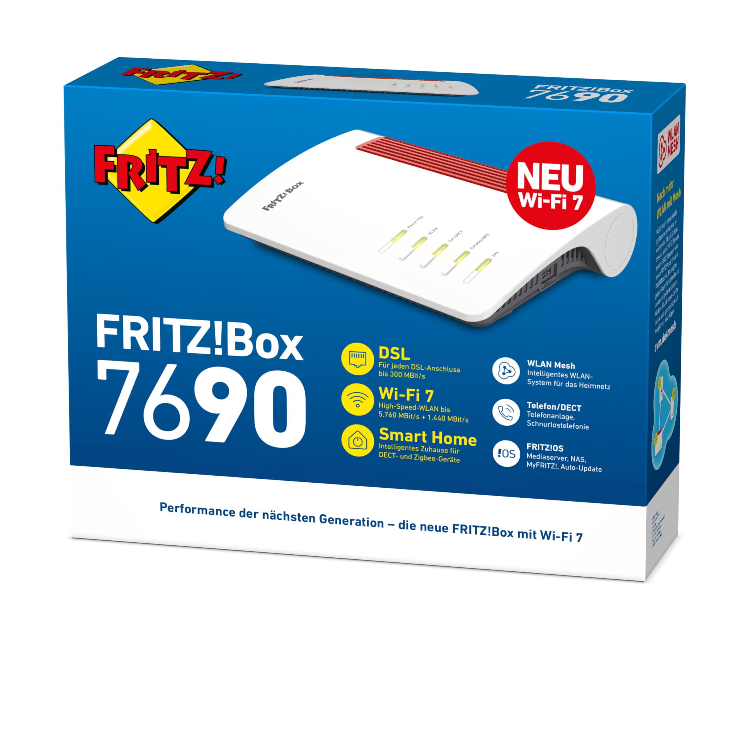 AVM Fritz!Box 7690 (router Wi-Fi 7 da 5.760 Mbit/s (5 GHz) e 1.376 Mbit/s (2,4 GHz), fino a 300 Mbit/s con supervectoring VDSL e ADSL2+, rete WLAN, base DECT, versione in lingua tedesca)