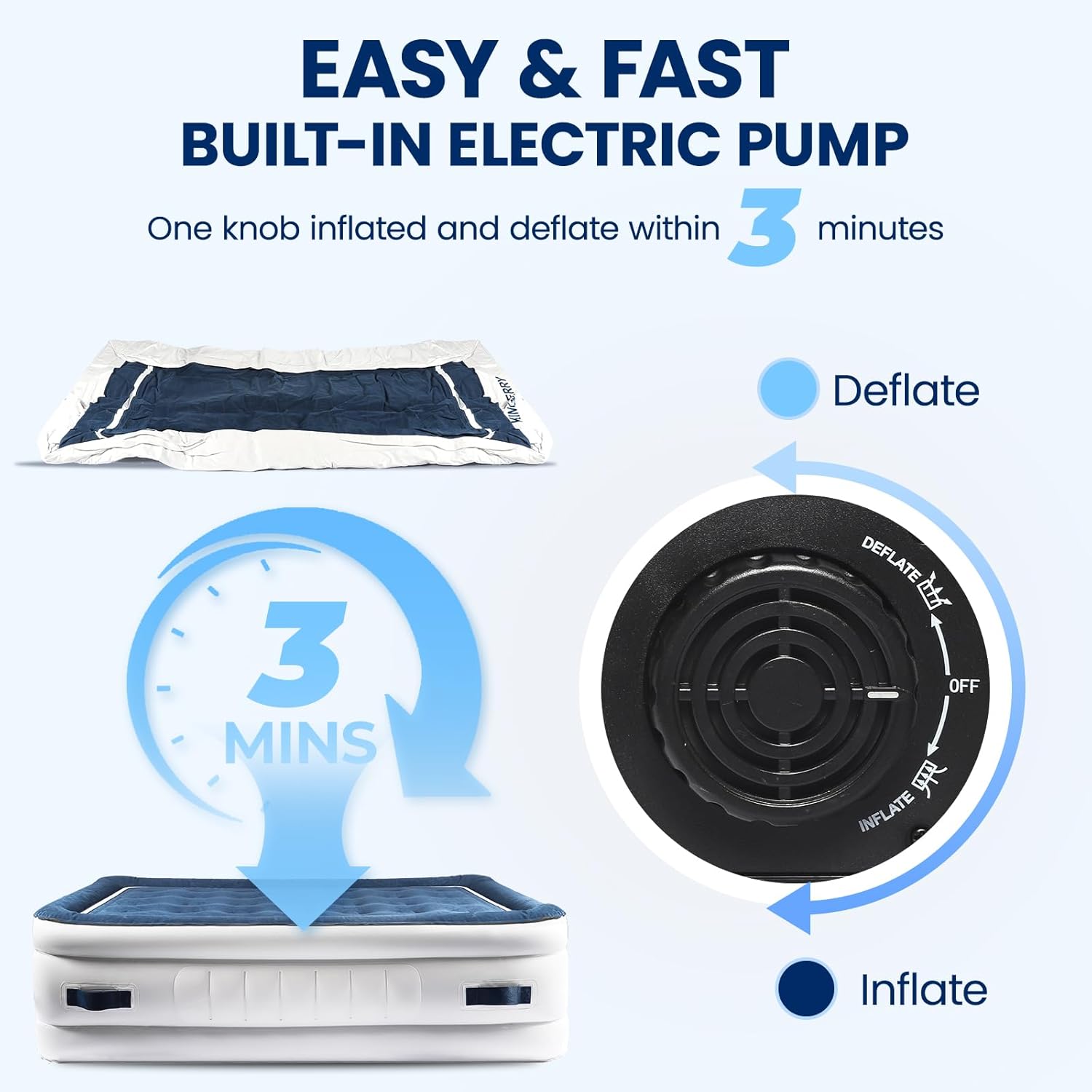 KINGJERRY Air Mattress Queen with Built in Pump, Leak-Tested, 4 Portable Handles, 18" Raised Comfort, Anti-collapse Design, 800lb Support, 3 Mins Inflation, Inflatable Mattress for Home Guest &Camping