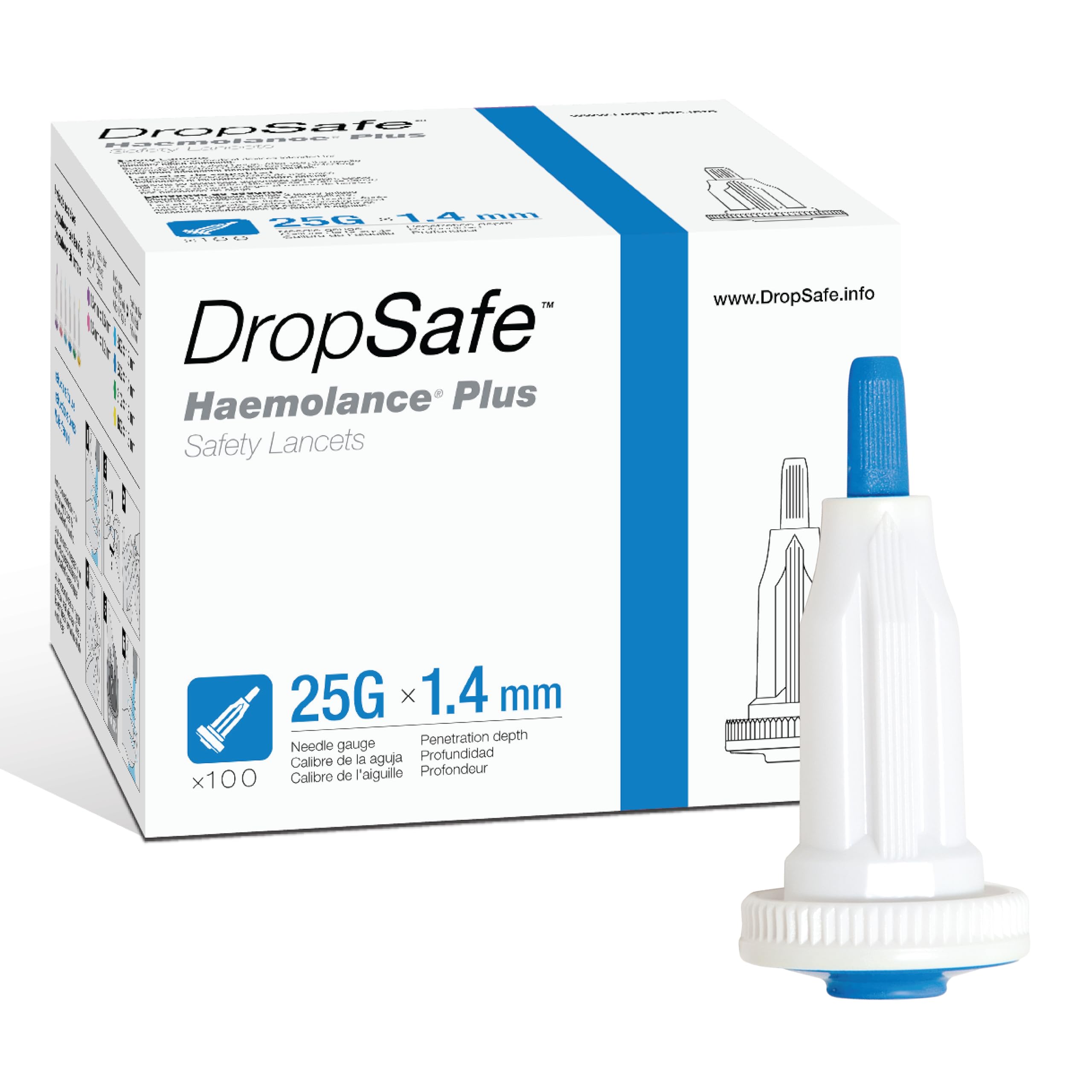 Haemolance Plus Safety Lancet, Low Flow, 25 Gauge, 1.4mm, Top Button Activated Blood Glucose Testing, Sterile, Single-Use, 100ct Box